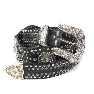 Nocona Wms L Scalloped Leather Western Belt Rhinestone Concho Studs Blk N3415201